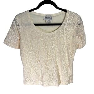 Charleston Rags Vintage 90s Cream Floral Lace Short Sleeve Scoop Neck Blouse S
